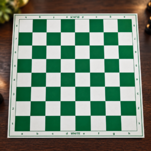 Green and white roll-up vinyl chessboard with coordinates on a wooden table