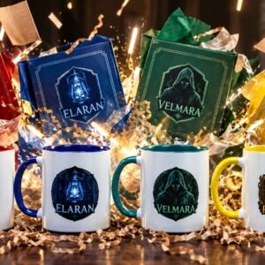 RCC House mugs in red (Arvanta), blue (Elaran), green (Velmara) and yellow (Ranvaya)