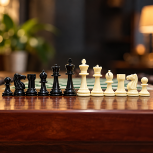 Black and ivory plastic Staunton chess pieces lined up on a wooden table